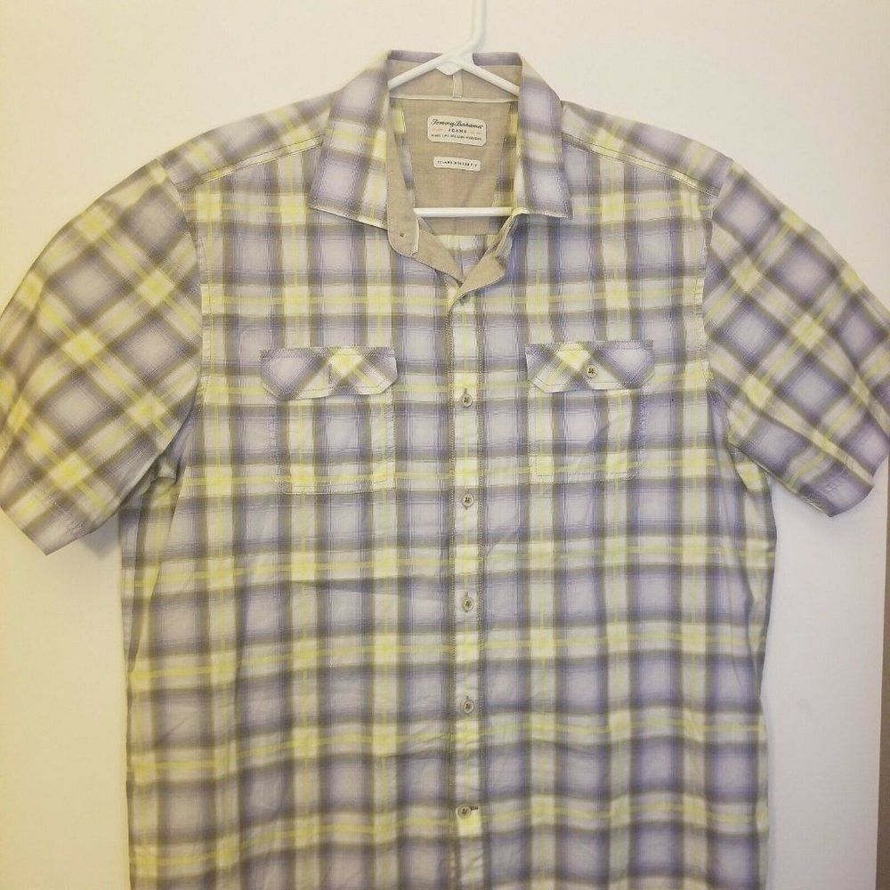 Tommy Bahama Mens Large Purple Brown Yellow Checkered Button Down Island Modern